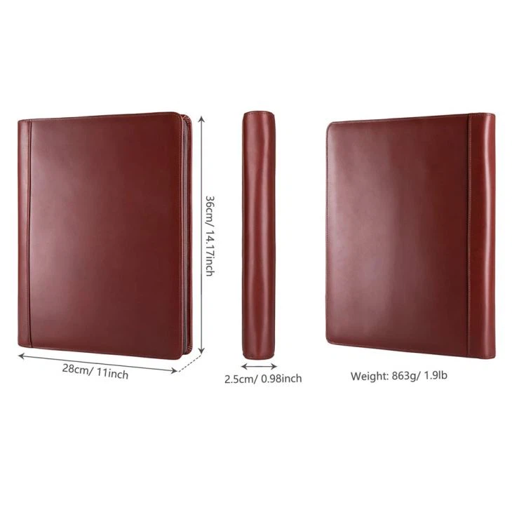 Dark Red Zipper PU Leather Portfolio Case A4